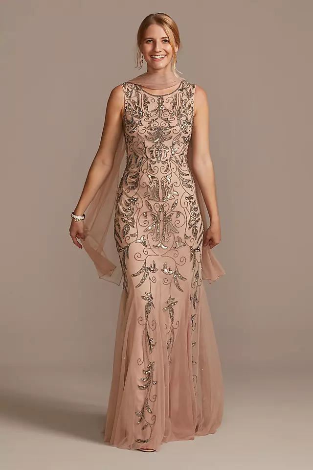 Beaded Sequin Scrolls Embellished Dress with Shawl Image