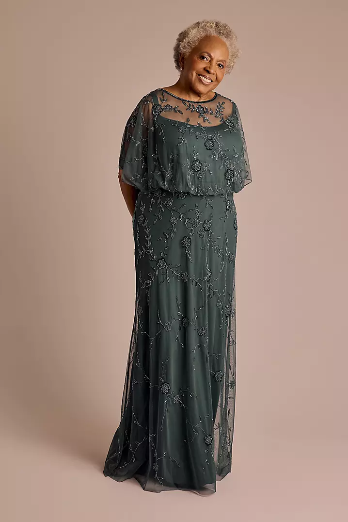 Allover Beaded Blouson Sleeve A-Line Dress | David's Bridal Allover Beaded Blouson Sleeve A-Line Dress | David's Bridal