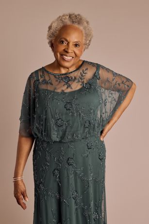 Allover Beaded Blouson Sleeve A-Line Dress | David's Bridal