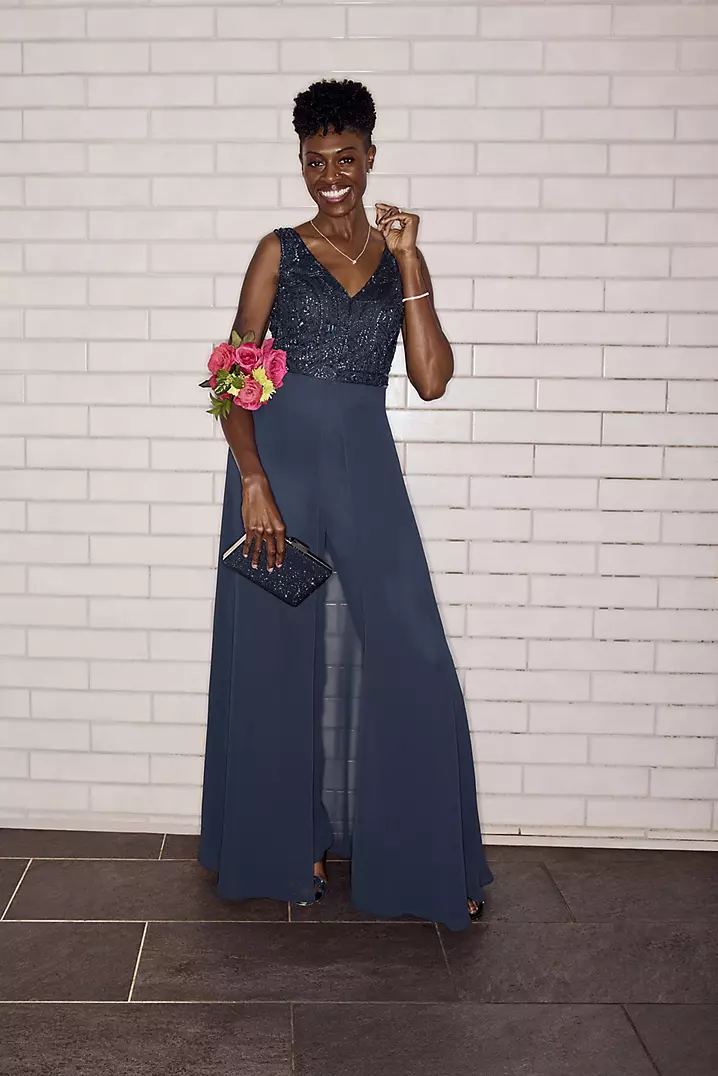 Beaded Bodice Jumpsuit with Matching Scarf | David's Bridal Beaded Bodice Jumpsuit with Matching Scarf | David's Bridal