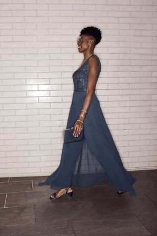 Beaded Bodice Jumpsuit with Matching Scarf | David's Bridal