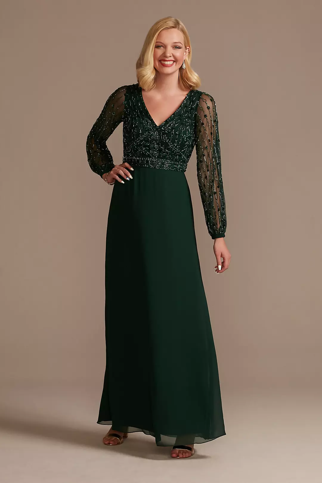 Beaded Chiffon A-Line Dress with Illusion Sleeves Image