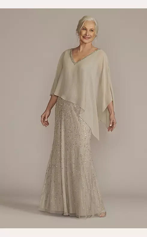 Beaded V-Neck Sheath Gown with Chiffon Capelet Image 1