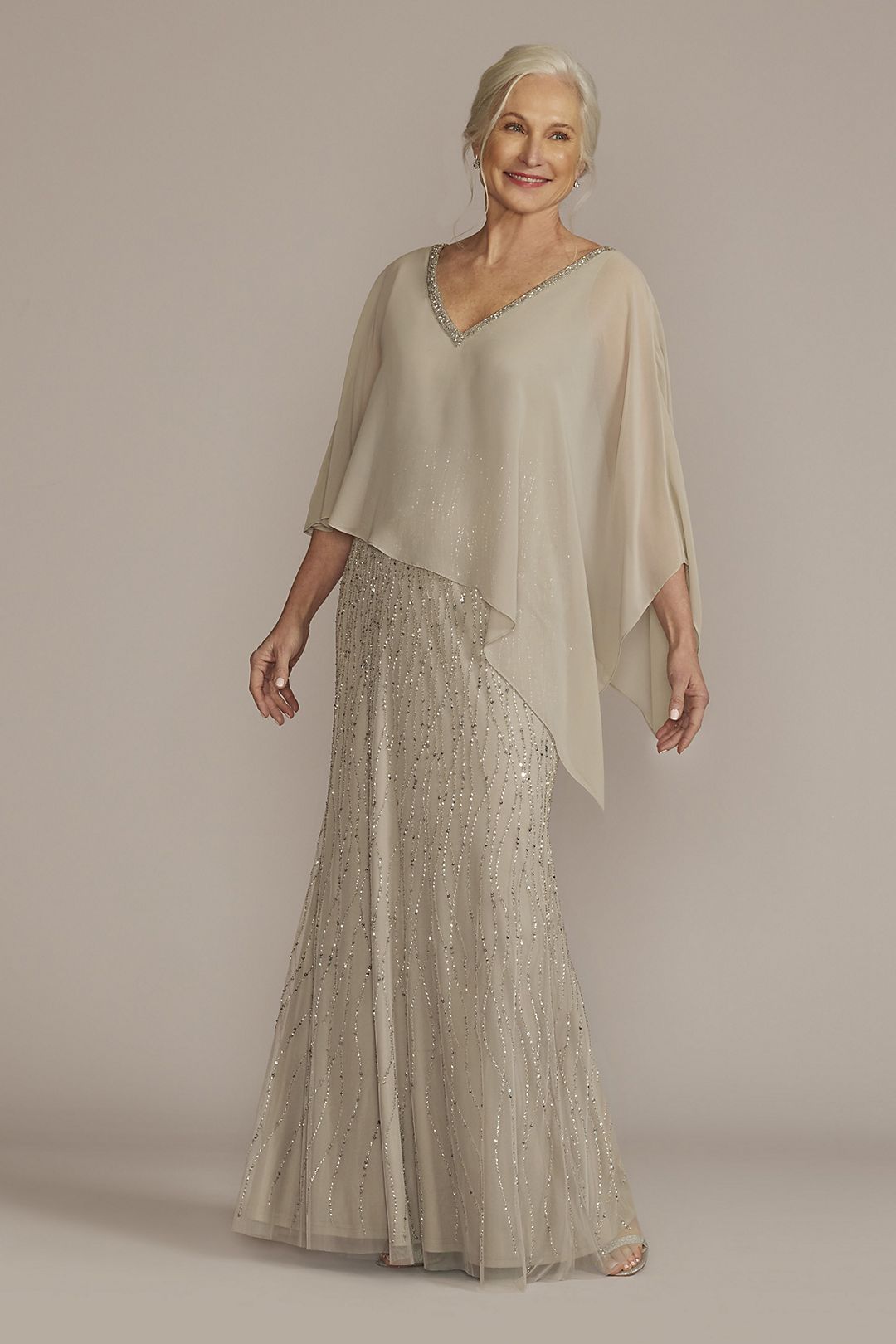 Beaded V-Neck Sheath Gown with Chiffon Capelet Image