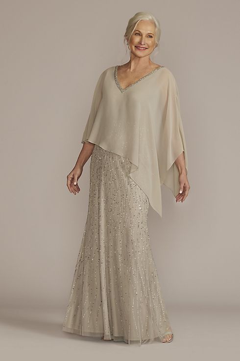 Beaded V-Neck Sheath Gown with Chiffon Capelet Image 1