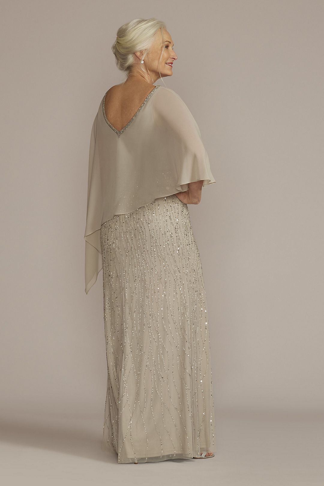 Beaded V-Neck Sheath Gown with Chiffon Capelet Image 2