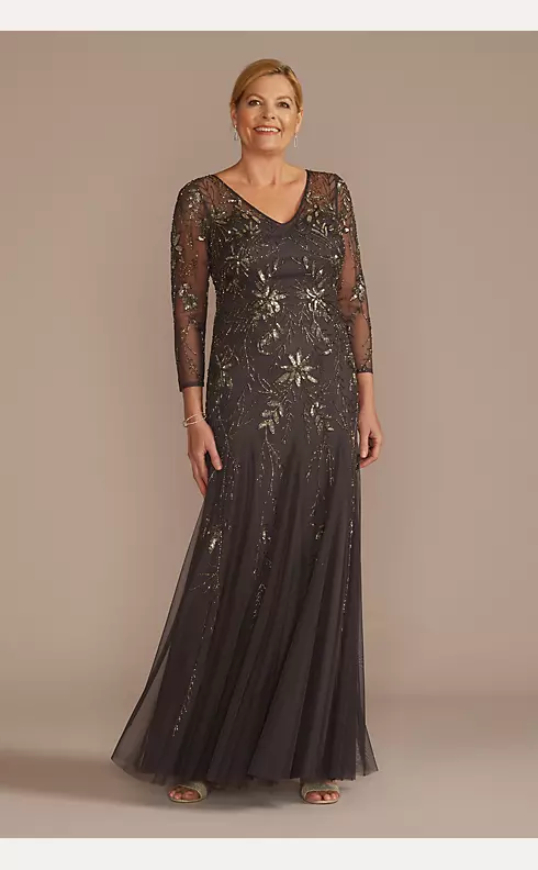 Three-Quarter Sleeve Beaded Gown with Godets Image 1