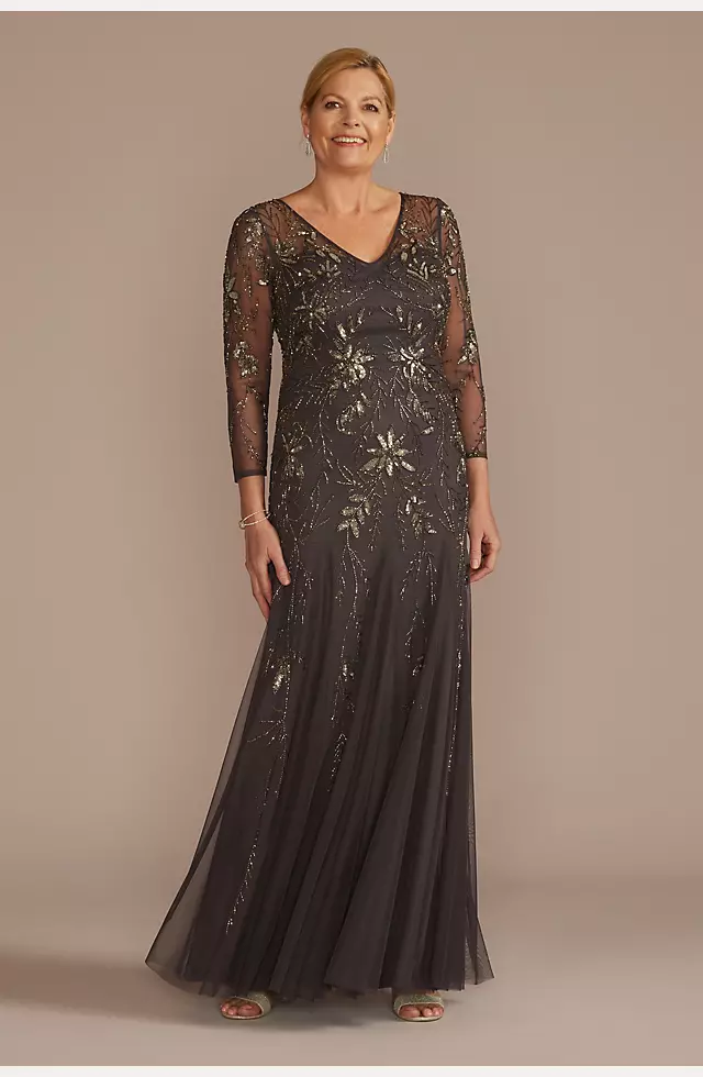 Three-Quarter Sleeve Beaded Gown with Godets Image