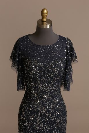 sequin beaded cocktail dress with flutter sleeves and scallop trim