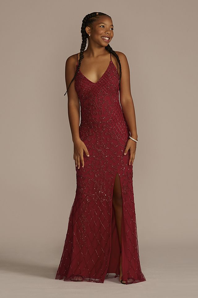 Patterned Beaded and Sequined Sheath with Slit Image 1