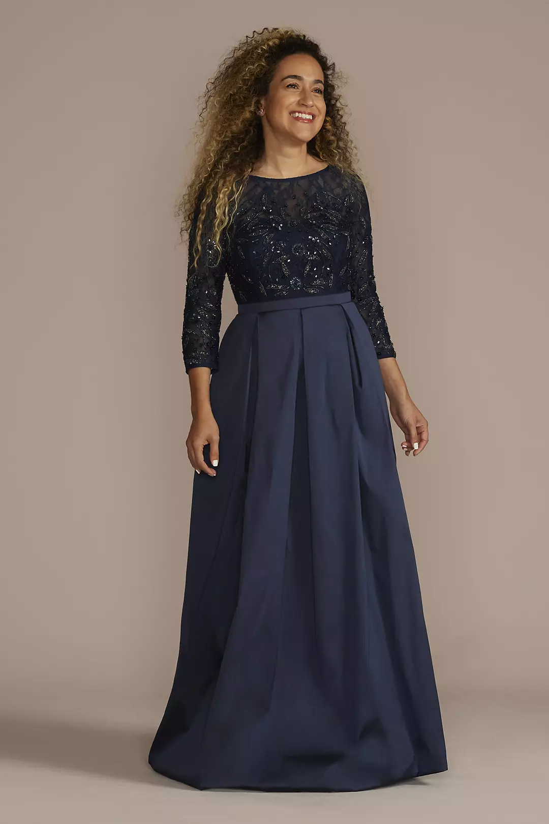 Three Quarter Sleeve Beaded Lace Ball Gown Image