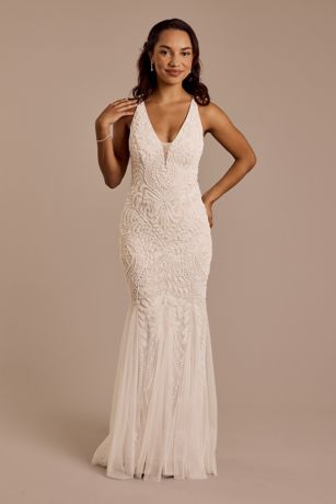 Plunging Allover Beaded Sheath Wedding Dress Image