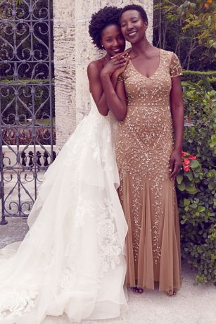 Cap Sleeve Beaded Sheath Dress with Tulle Godets | David's Bridal