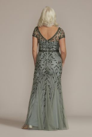 V-Neck Beaded Sheath with Illusion Sleeves | David's Bridal