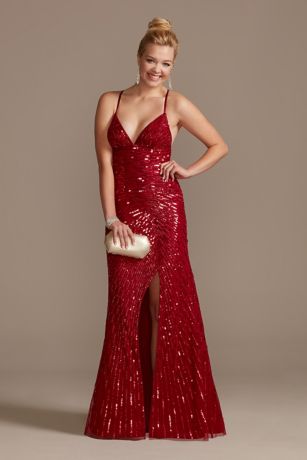 Crossing Sequin Sheath Dress with Slit | David's Bridal