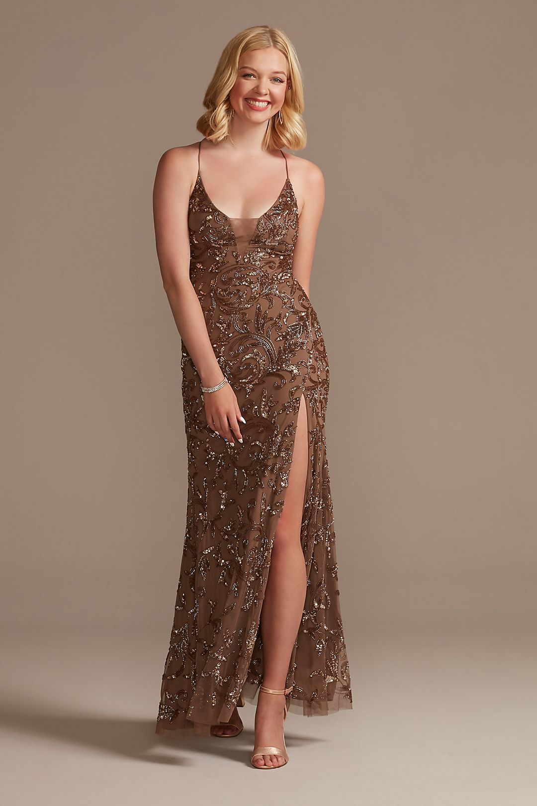 Beaded Sheath Gown with Illusion Cutout Image 1