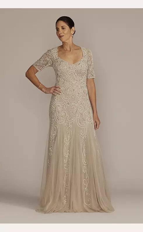 Beaded Godet Gown with Elbow Length Sleeves Image 1