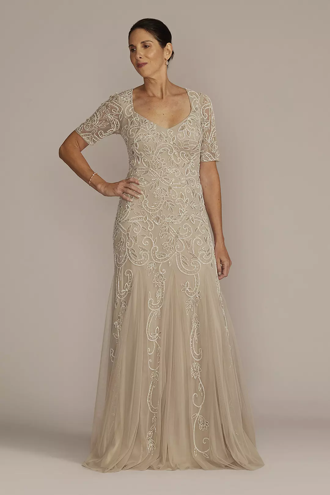 Beaded Godet Gown with Elbow Length Sleeves Image