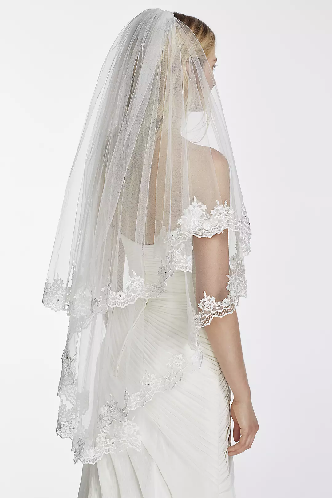 Two Tier Mid Length Veil with Crystals and Lace   Image