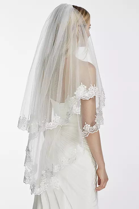 Two Tier Mid Length Veil with Crystals and Lace   Image 1