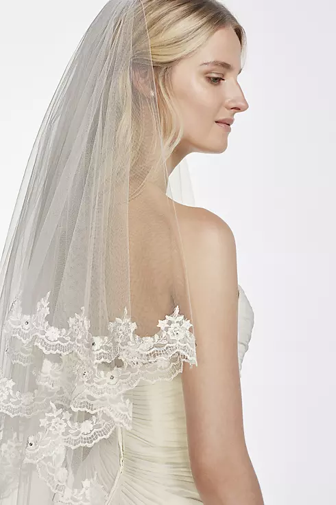 Two Tier Mid Length Veil with Crystals and Lace   Image 2