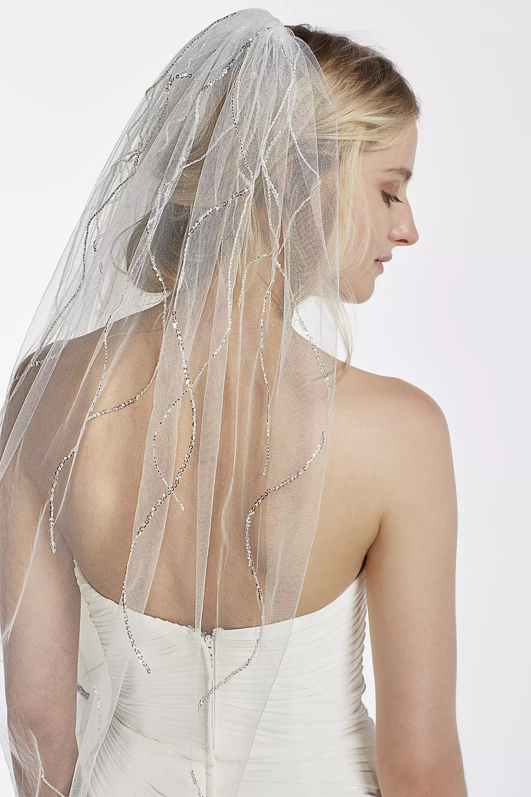 One Tier Mid Length Veil with Beaded Linear Image 2