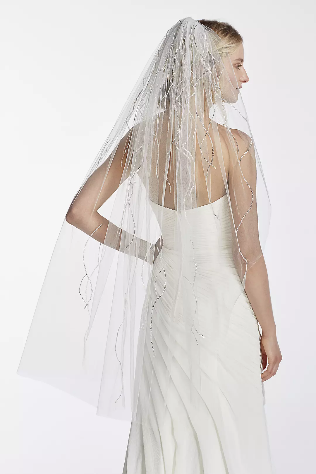 One Tier Mid Length Veil with Beaded Linear Image