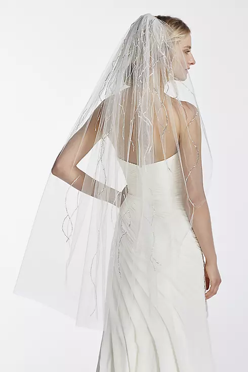 One Tier Mid Length Veil with Beaded Linear Image 1