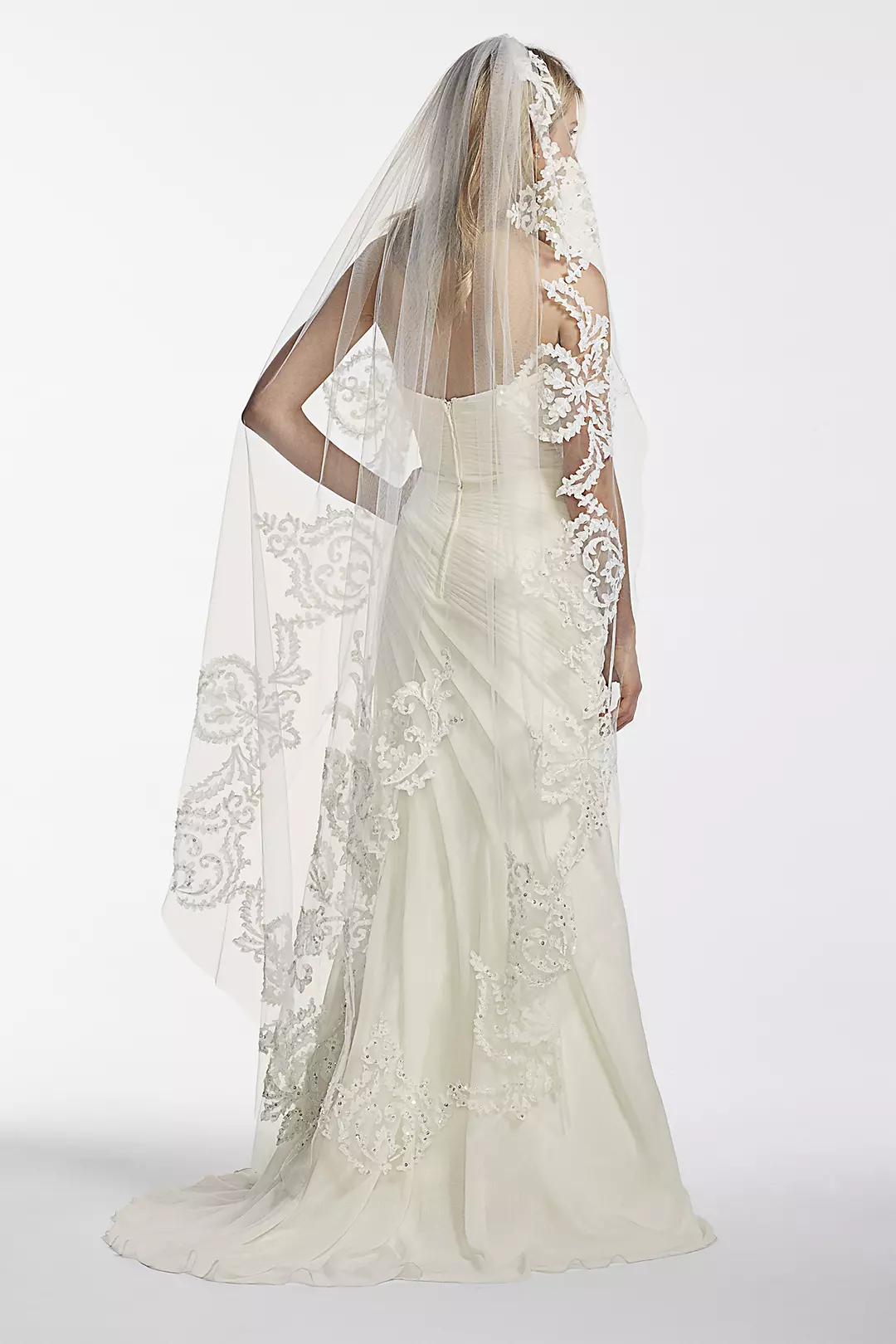 One Tier Mid Length Veil with Applique Scroll Work Image