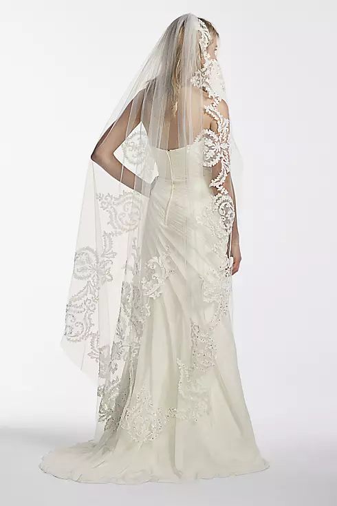 One Tier Mid Length Veil with Applique Scroll Work Image 1