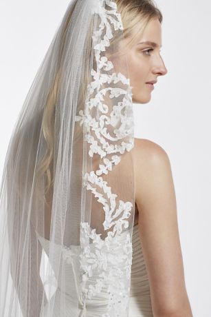 One Tier Mid Length Veil with Applique Scroll Work | David's Bridal
