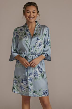 Dusty Blue and Green Floral Satin Robe