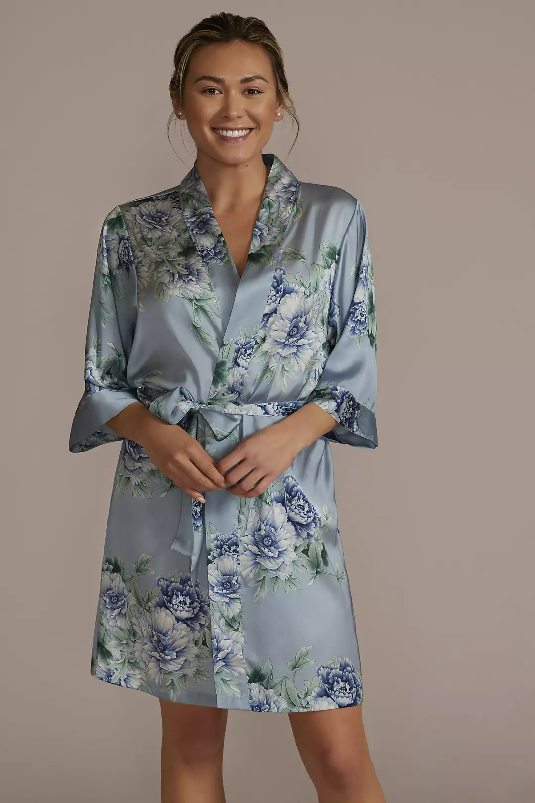 Dusty Blue and Green Floral Satin Robe Image