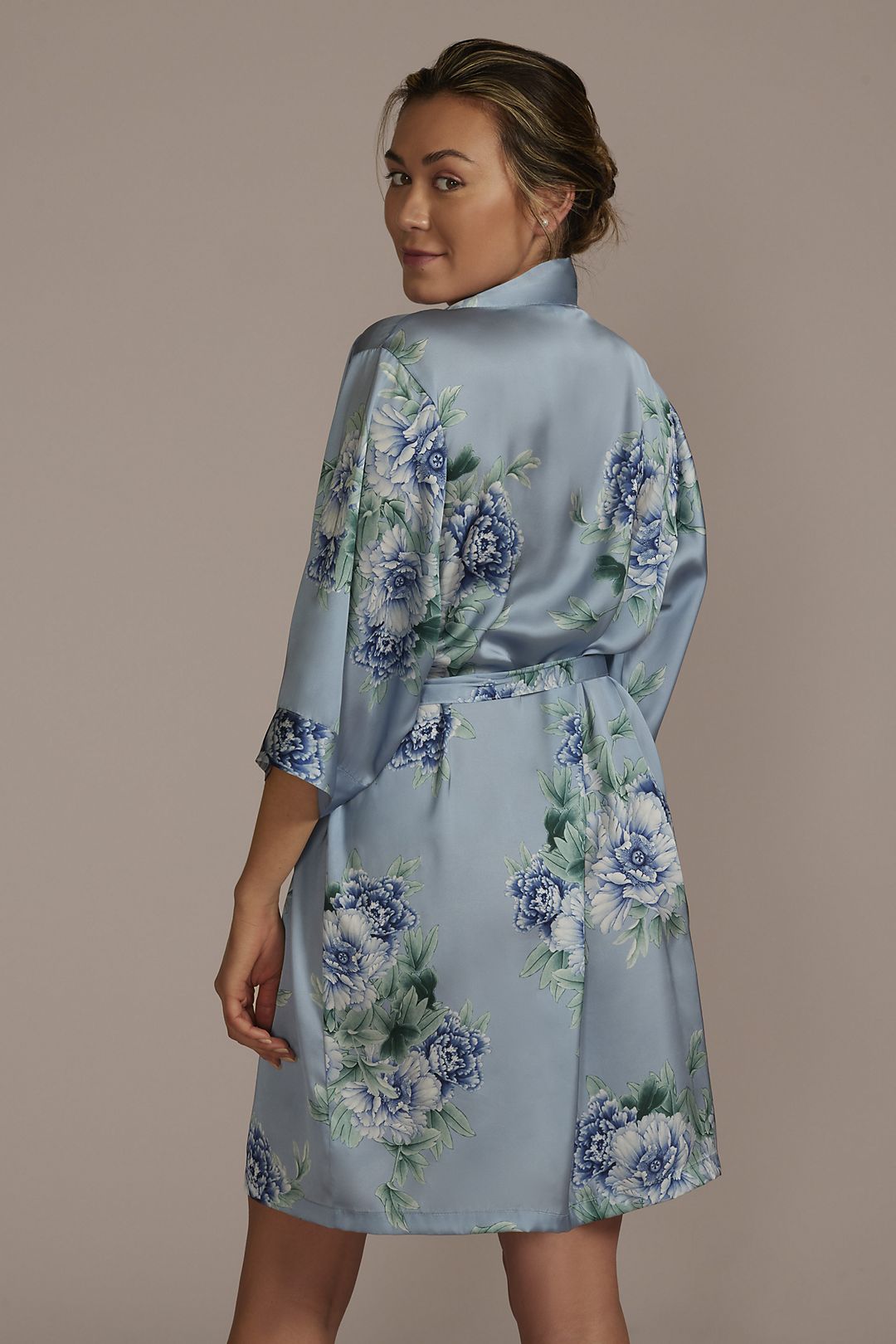 Dusty Blue and Green Floral Satin Robe Image 2