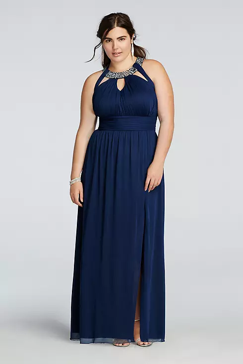 Beaded Halter Plus Size Prom Dress with Cut Outs Image 1
