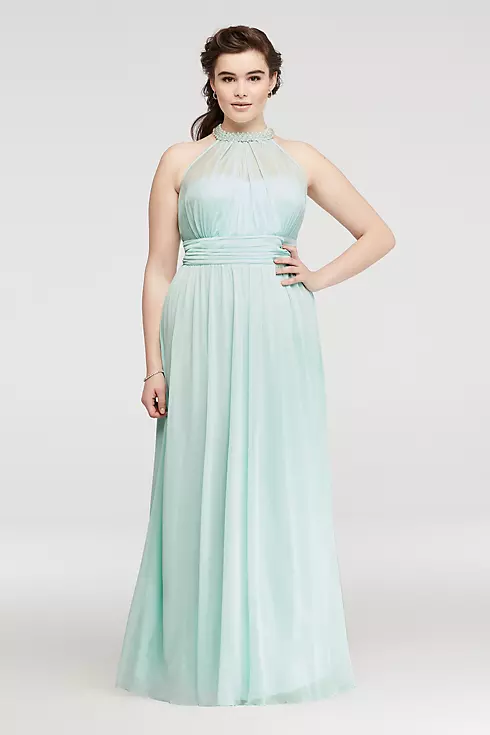 Beaded Illusion Halter Ruched Prom Dress  Image 1