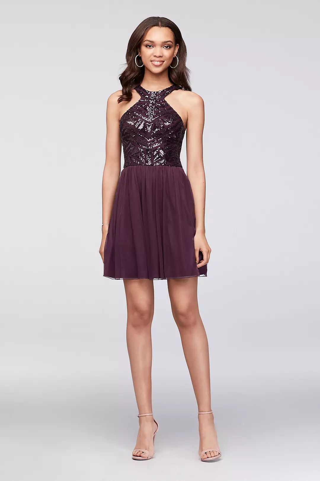 Geometric Sequin and Mesh Dress with Keyhole Back Image