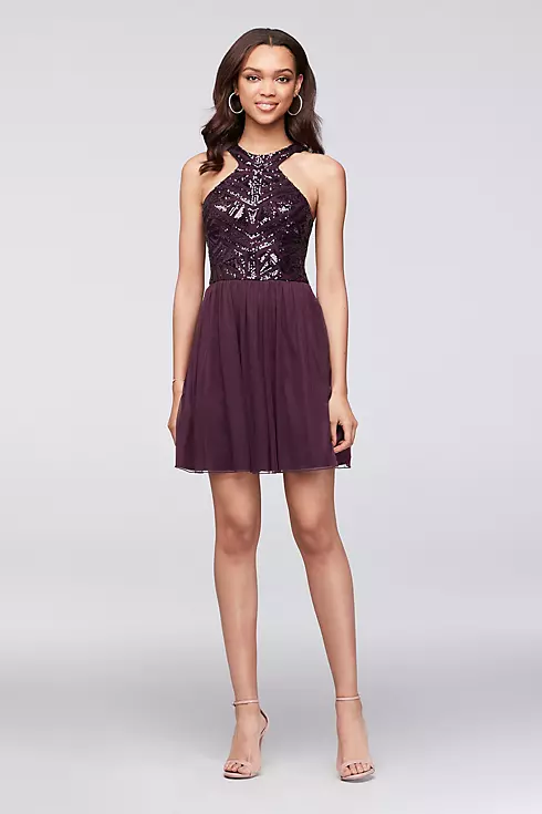 Geometric Sequin and Mesh Dress with Keyhole Back Image 1