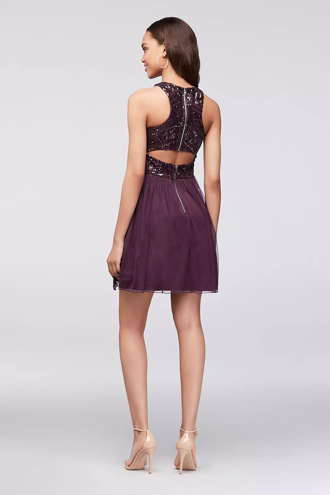 Geometric Sequin and Mesh Dress with Keyhole Back Image 2