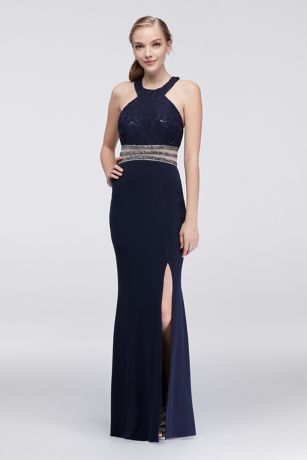 Lace and Jersey Y-Neck Dress with Beaded Waist David's Bridal