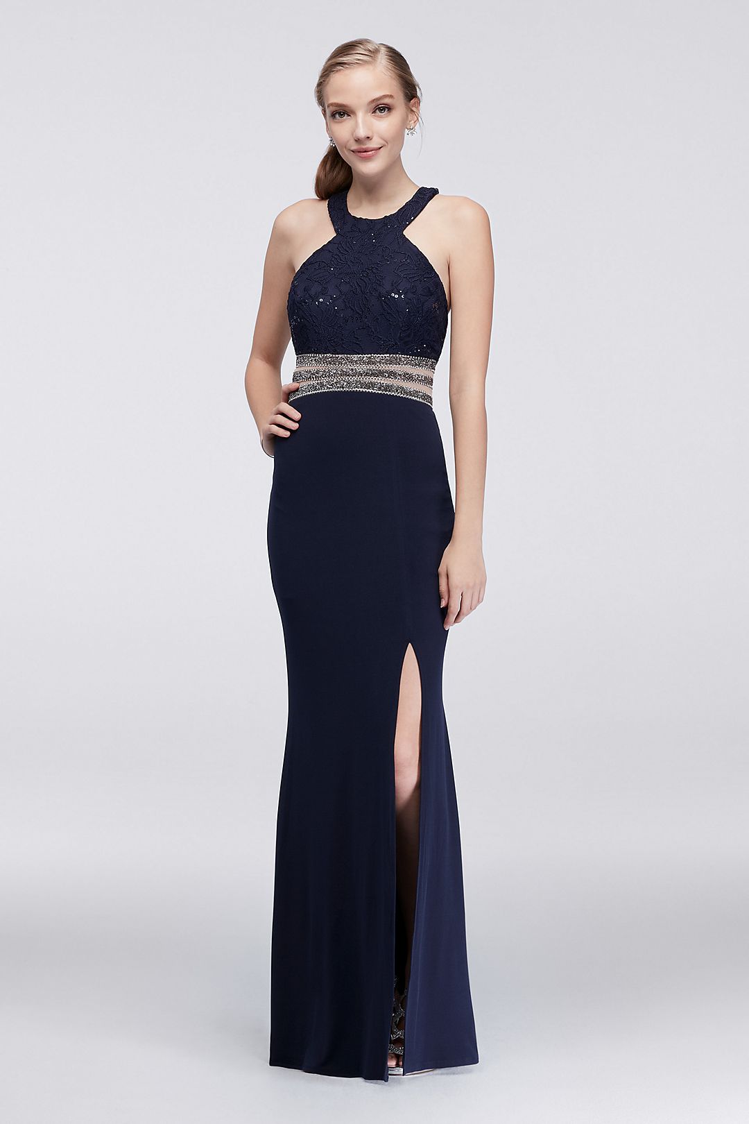Lace and Jersey Y-Neck Dress with Beaded Waist Image 1