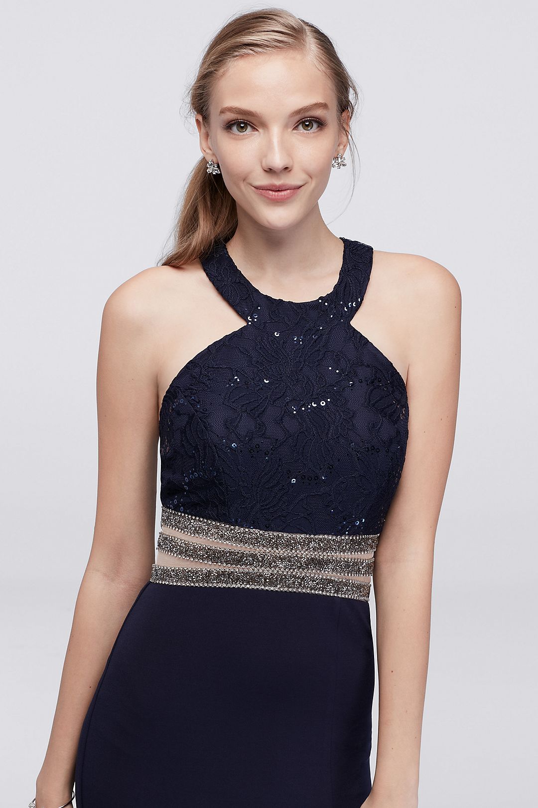 Lace and Jersey Y-Neck Dress with Beaded Waist Image 3