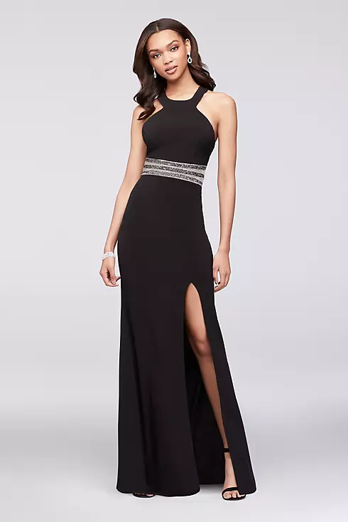 Jersey Halter Gown with Beaded Illusion Waist Image 1