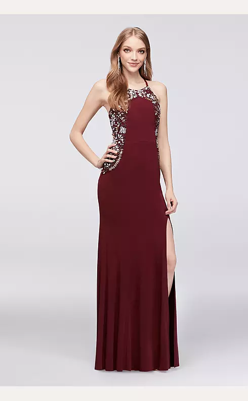 High-Neck Jersey Sheath Gown with Floral Beading Image 1