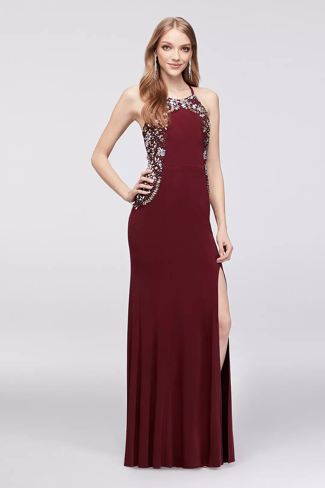 High-Neck Jersey Sheath Gown with Floral Beading Image