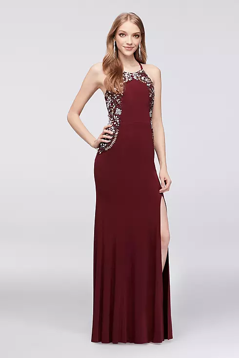 High-Neck Jersey Sheath Gown with Floral Beading Image 1