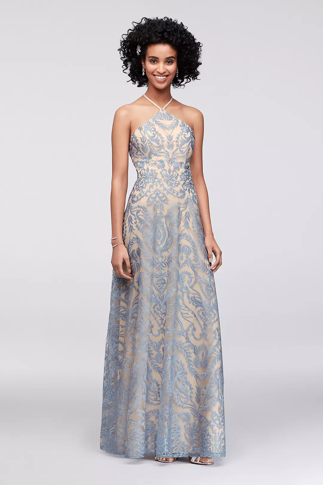 Embroidered Illusion Halter Gown with Strappy Back Image