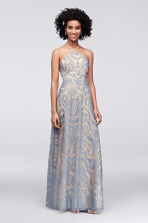 Embroidered Illusion Halter Gown with Strappy Back Image 1