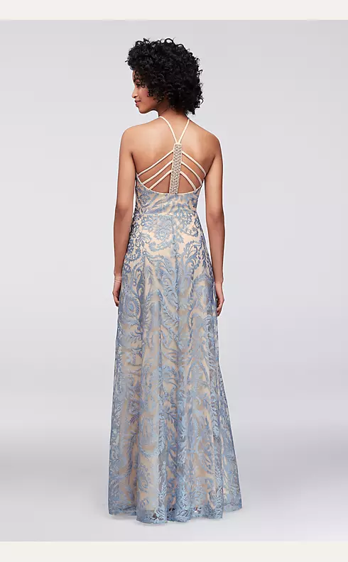 Embroidered Illusion Halter Gown with Strappy Back Image 2