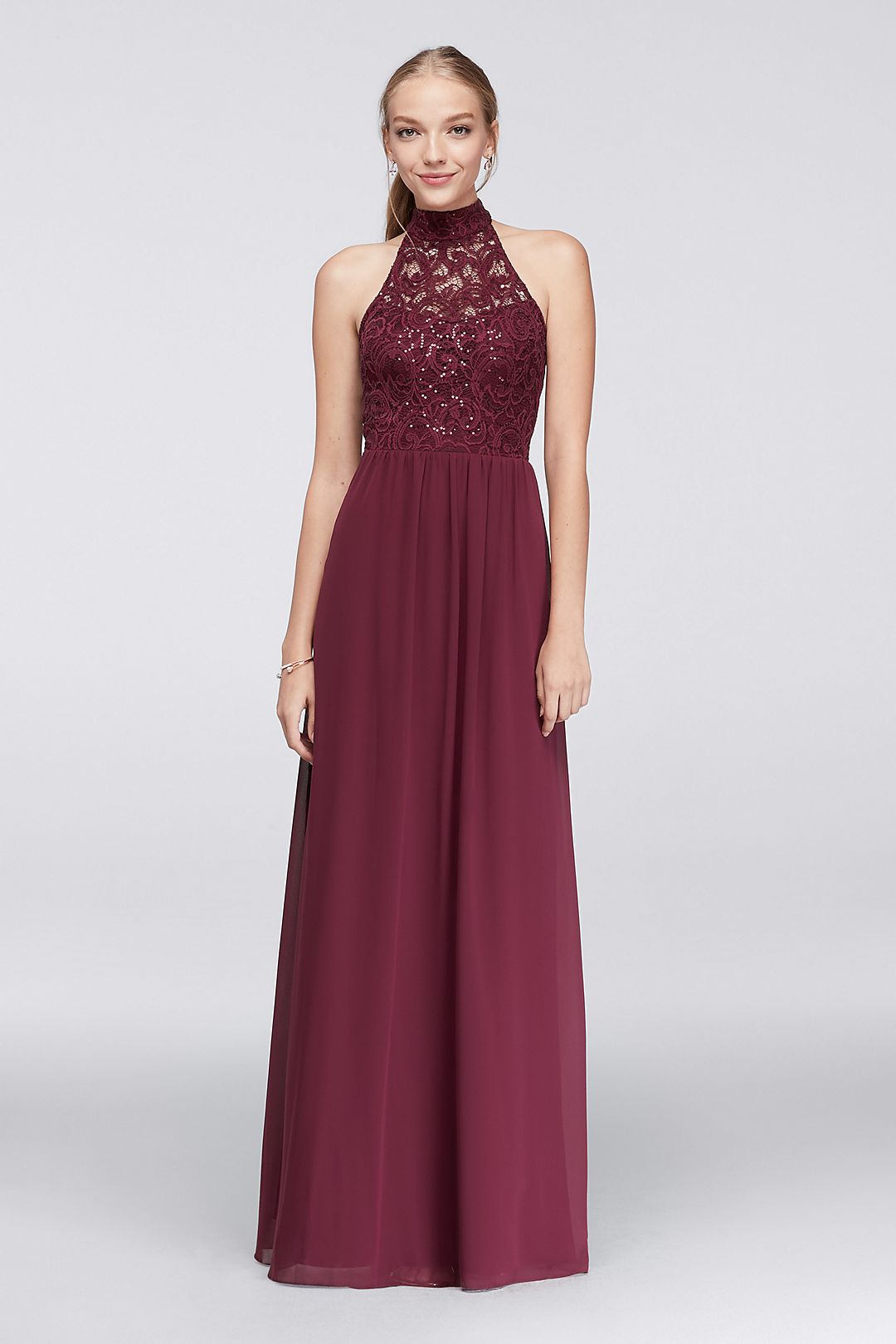 Chiffon High-Neck Gown with Ladder Back Detail  Image 1
